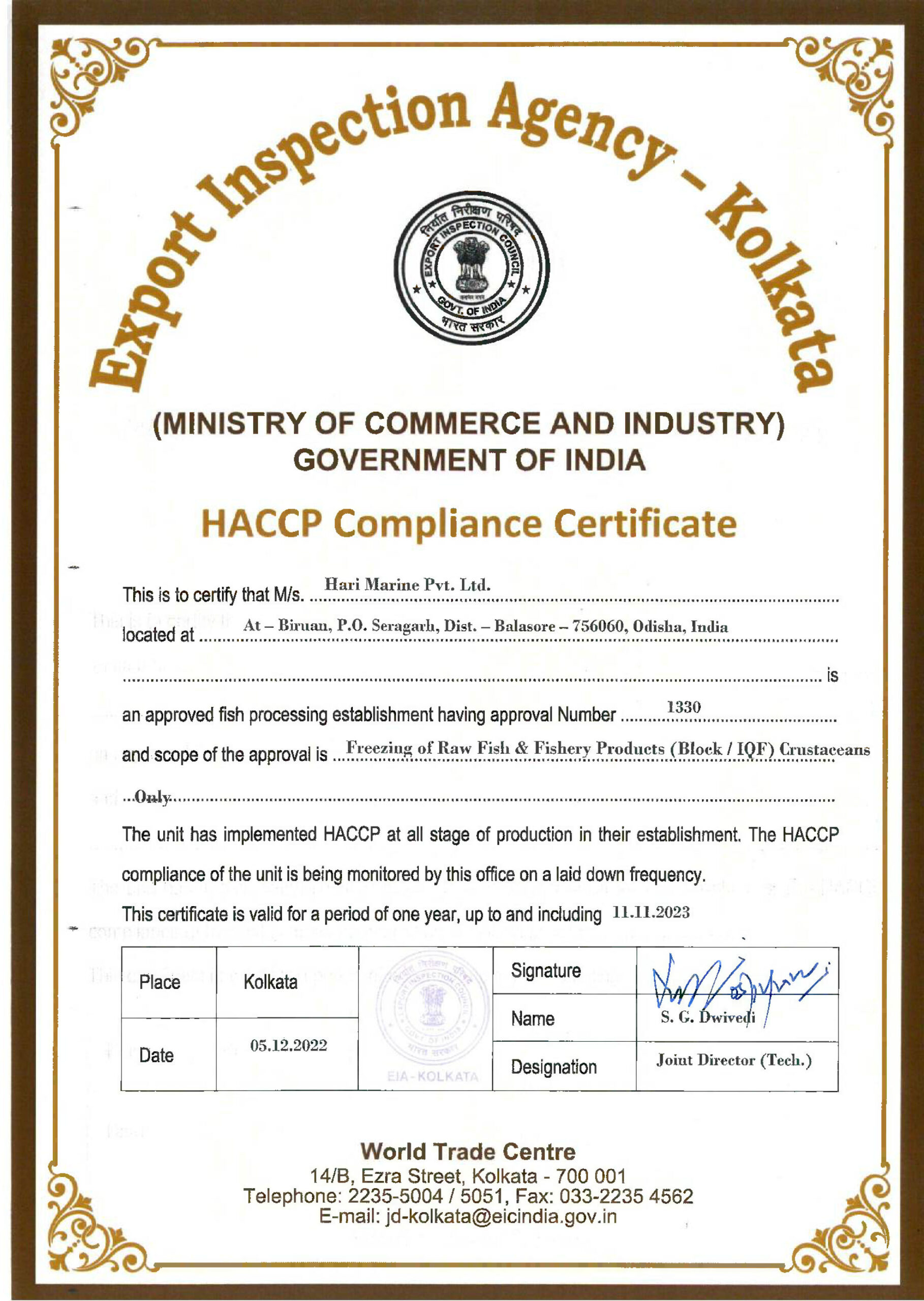 HACCP COMPLIANCE CERTIFICATE